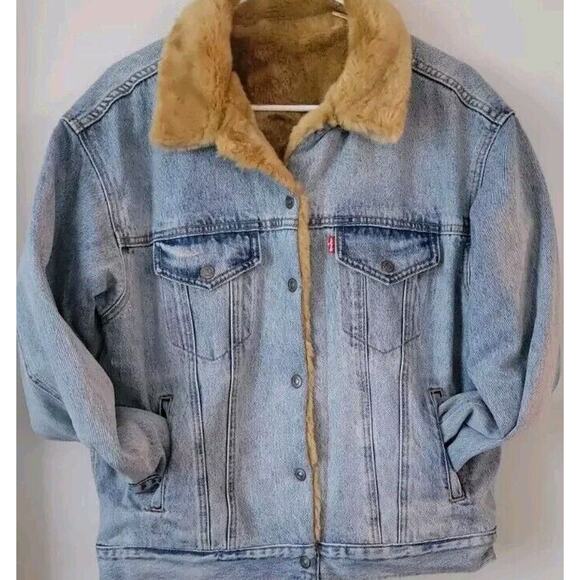 Levis Womans Sz. S Faux Fur Lined Denim Trucker Jacket Reversible EU - Picture 7 of 16